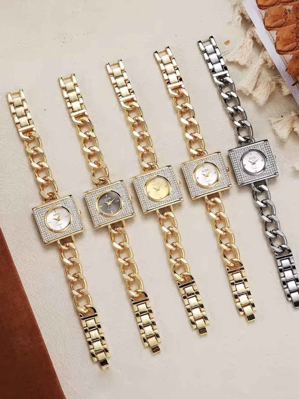 Women's Crystal Square Dial Chain-Link Bracelet Watch - Gold and Silver